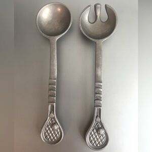 Set of cast aluminum salad servers with tennis racquet theme handles